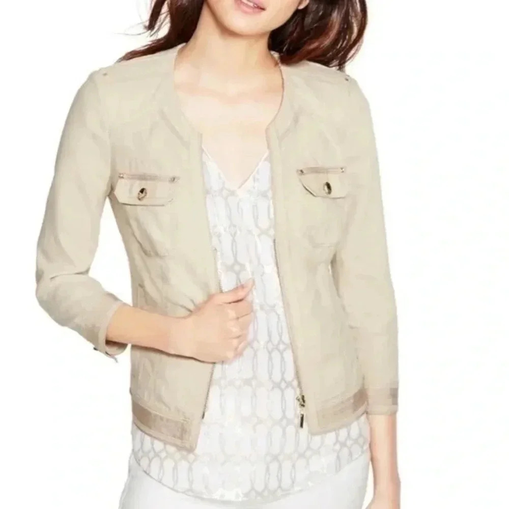 White House Black Market Linen Blend Tan Full Zip Rose Gold Jacket Size 0 WHBM
